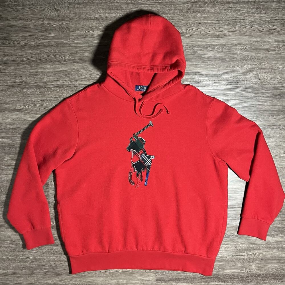 Polo Ralph Lauren RL Fleece Plaid Pony Hoodie Mens XL Red Patchwork Big Pony EUC